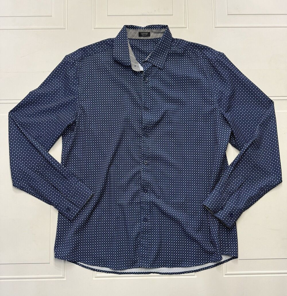 Coofandy Men's Size L Navy Blue White Stars Long Sleeve Button Up Shirt
